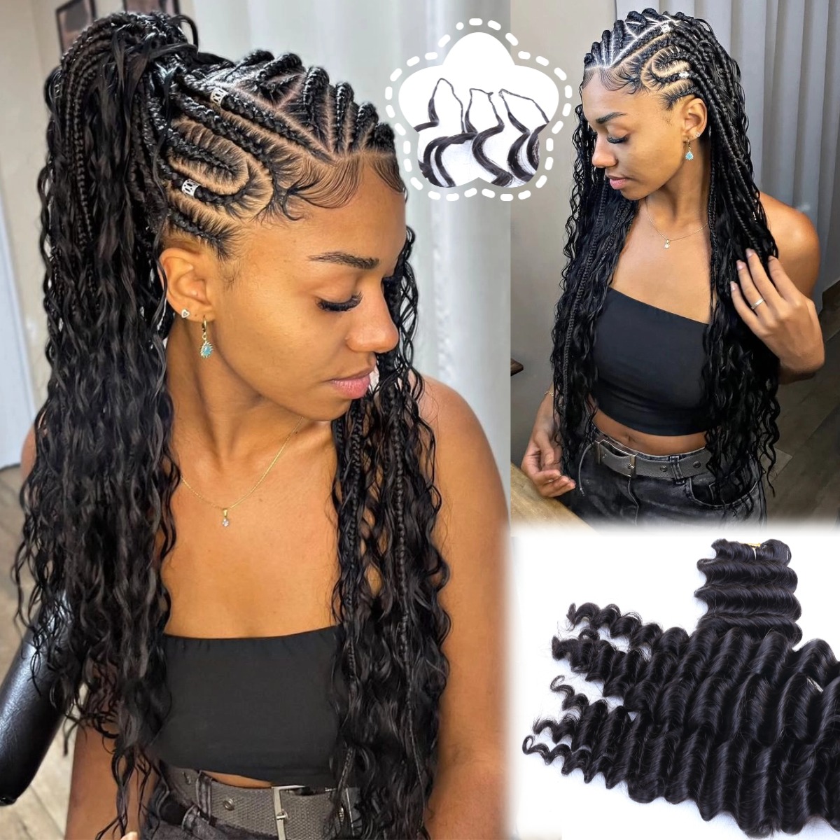 Feather Hair Extension - حزم شعر طبيعي أسود بتموجات عميقة،