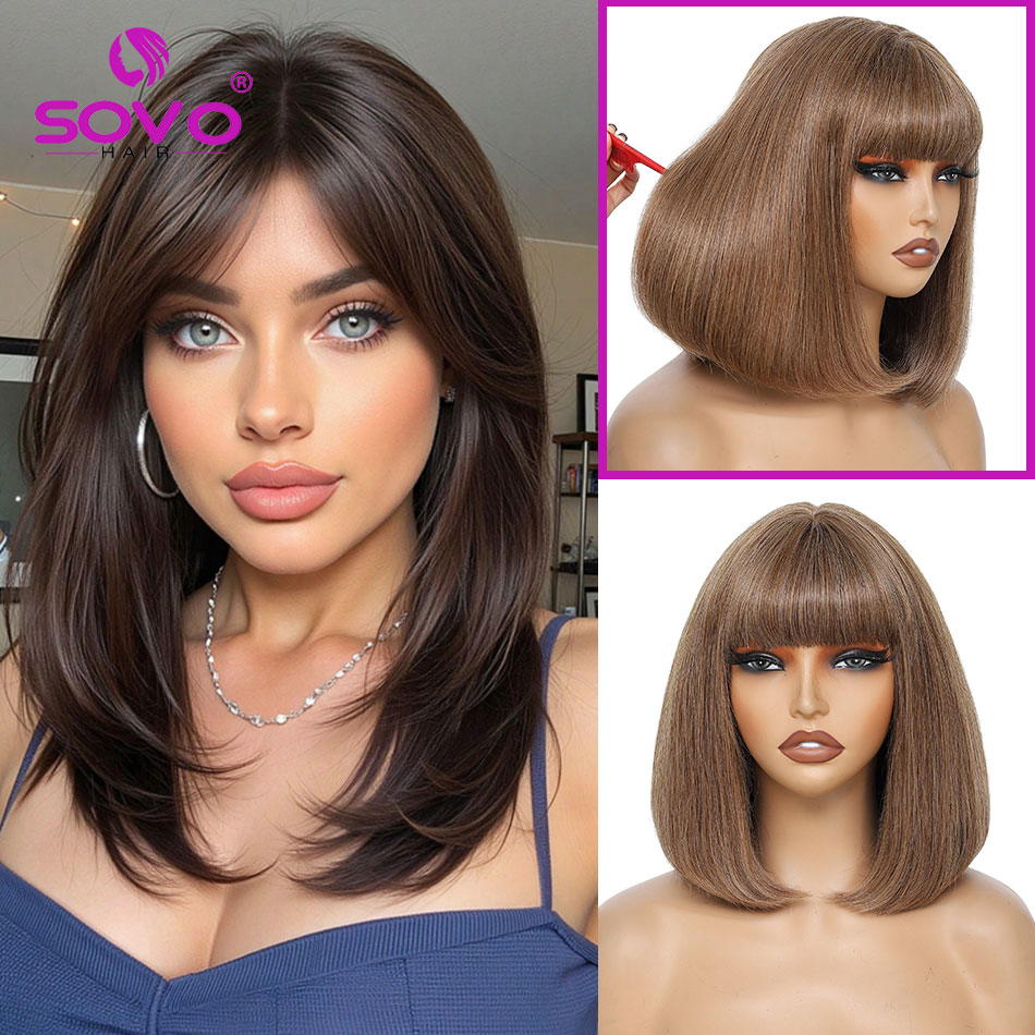 Hair Care Women - باروكات شعر بشري مفرود قصيرة بوب